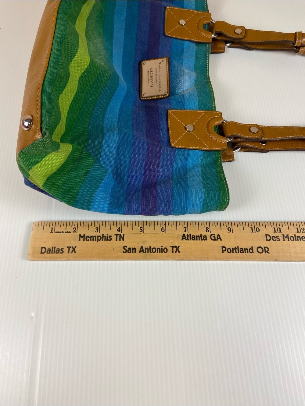 Liz Claiborne Blue Green Striped Canvas Tote Shoulder Bag - Picture 7 of 12